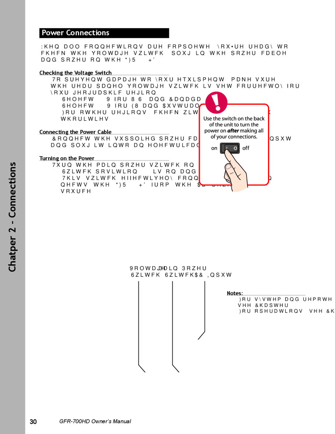 Adcom GFR-700HD Power Connections, Checking the Voltage Switch, Connecting the Power Cable, Turning on the Power 