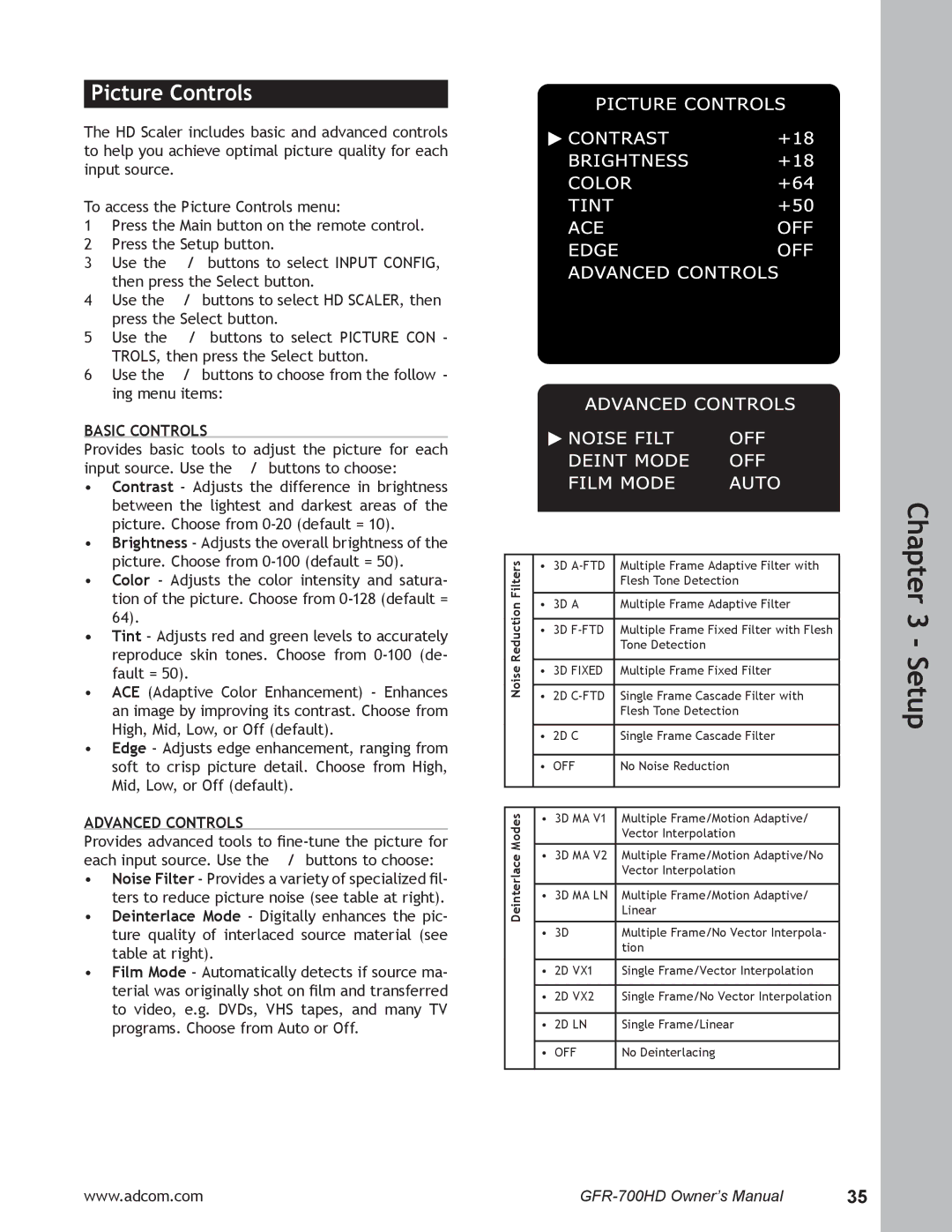 Adcom GFR-700HD user manual Picture Controls, Basic Controls, Advanced Controls 