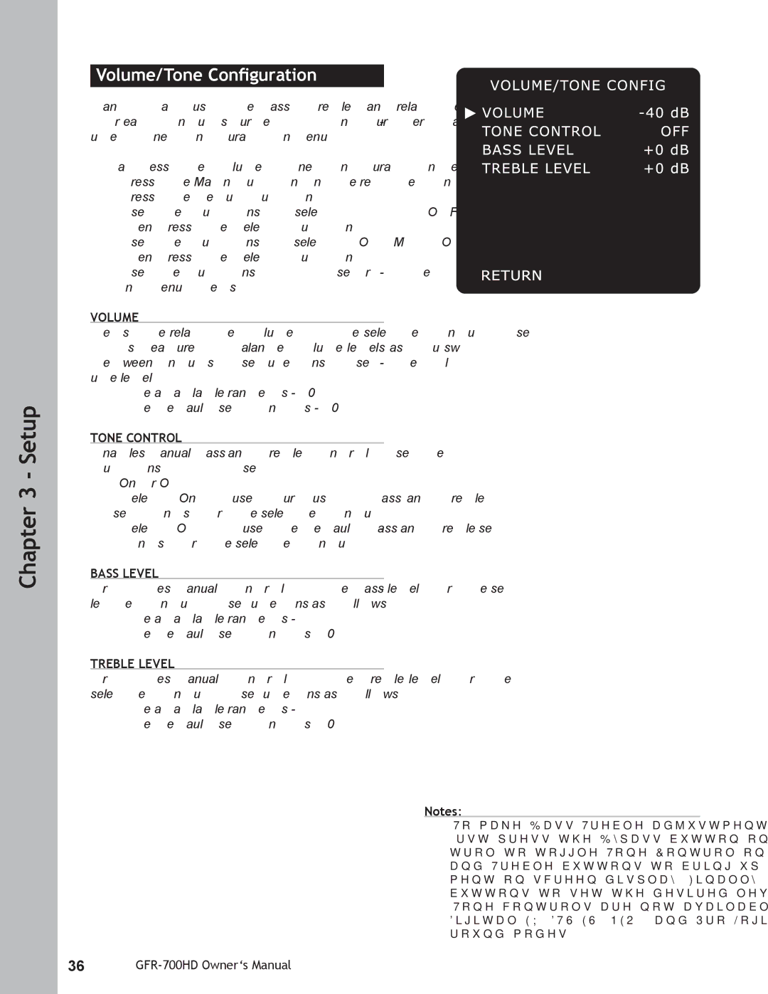 Adcom GFR-700HD user manual Volume/Tone Conﬁguration, Tone Control, Bass Level, Treble Level 