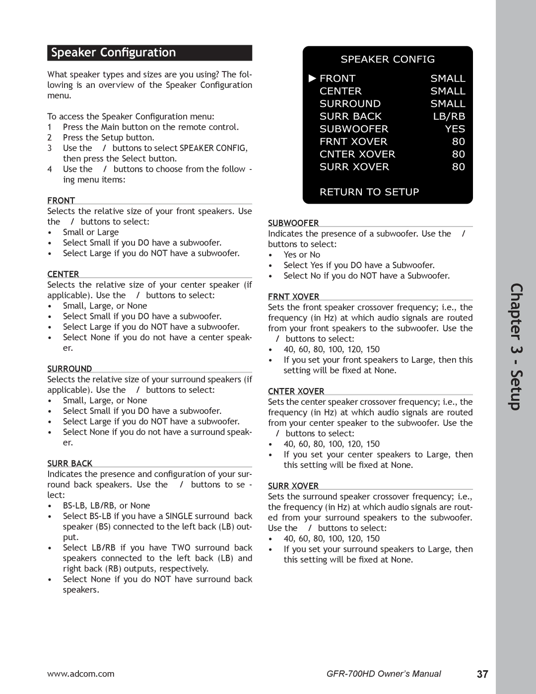 Adcom GFR-700HD user manual Speaker Conﬁguration 