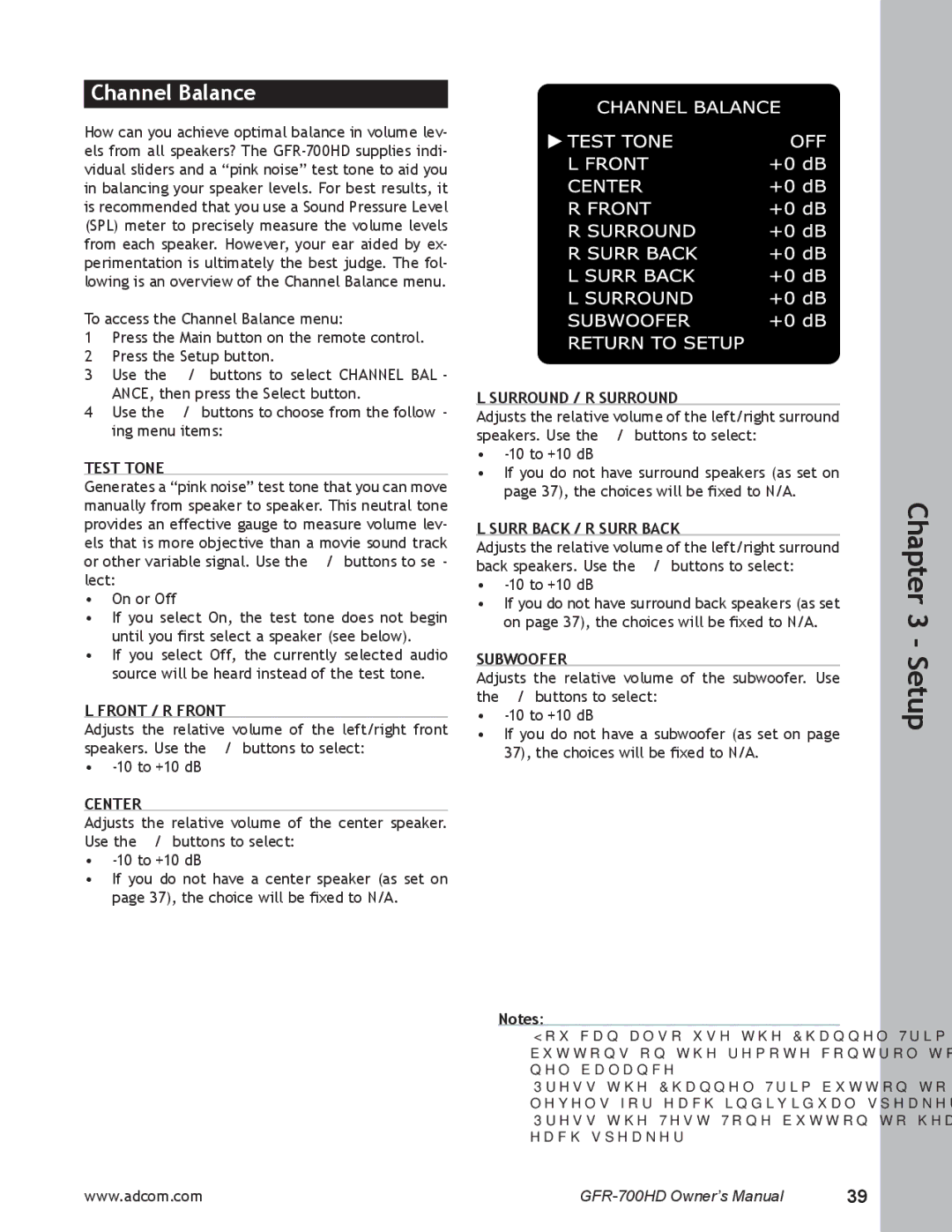 Adcom GFR-700HD user manual Channel Balance, Test Tone, Front / R Front, Surround / R Surround, Surr Back / R Surr Back 