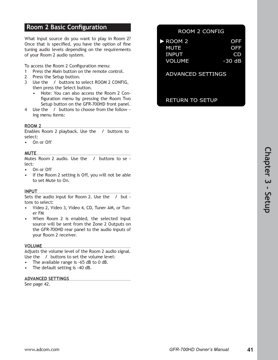 Adcom GFR-700HD user manual Room 2 Basic Conﬁguration, Mute, Advanced Settings 