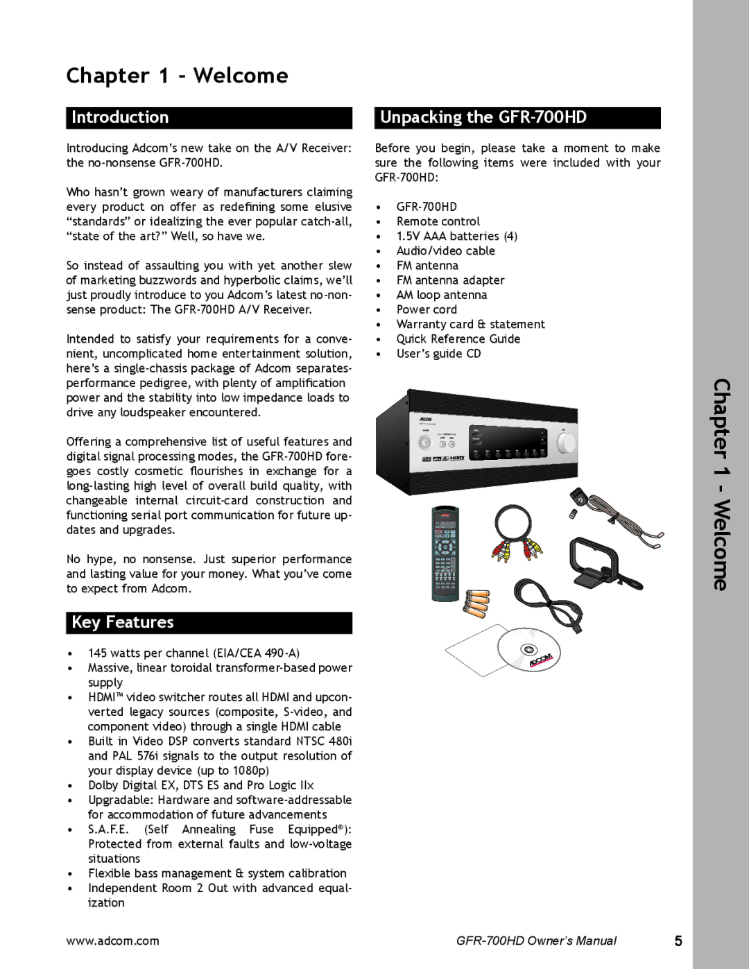 Adcom user manual Introduction, Key Features, Unpacking the GFR-700HD 