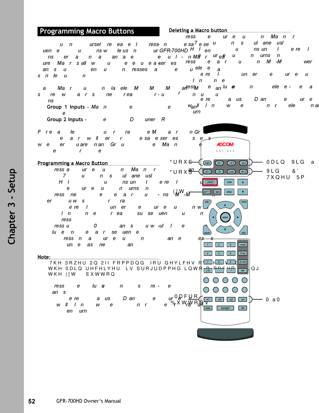 Adcom GFR-700HD user manual Programming Macro Buttons, Programming a Macro Button, Deleting a Macro button 