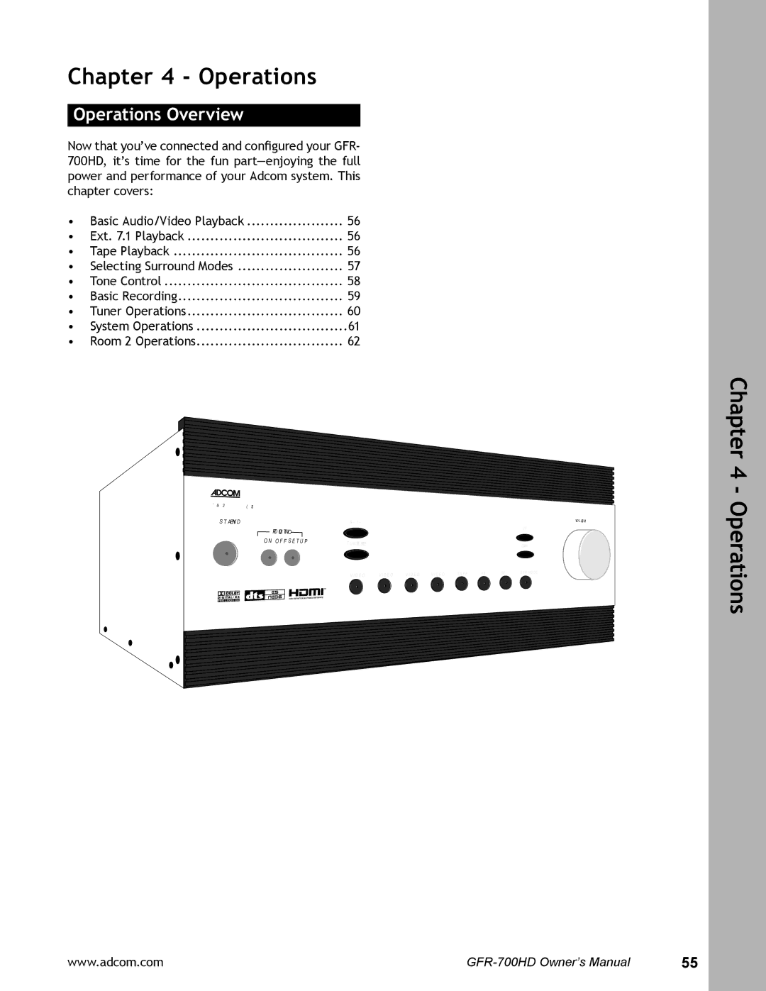 Adcom GFR-700HD user manual Operations Overview 