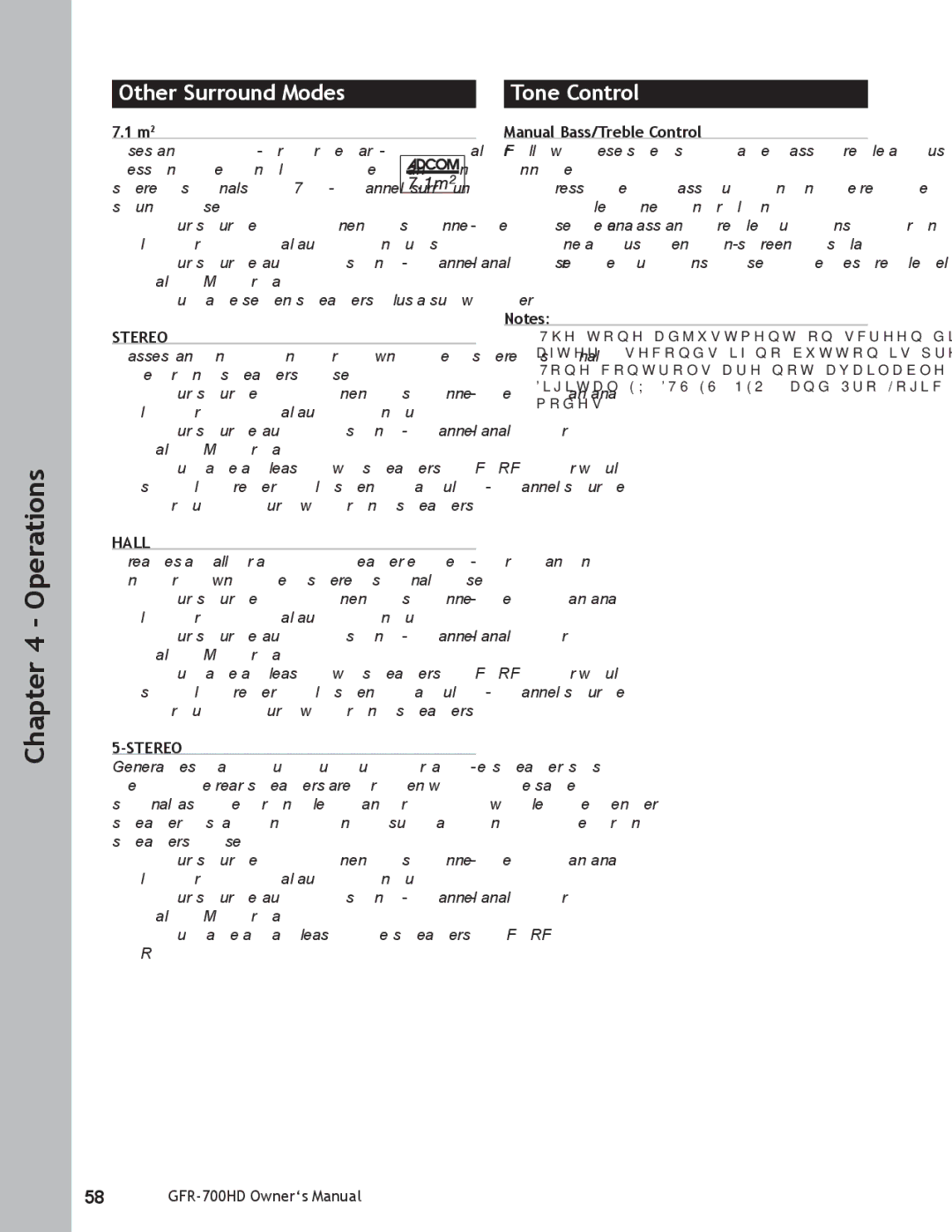 Adcom GFR-700HD user manual Other Surround Modes, Tone Control, Stereo, Hall, Manual Bass/Treble Control 