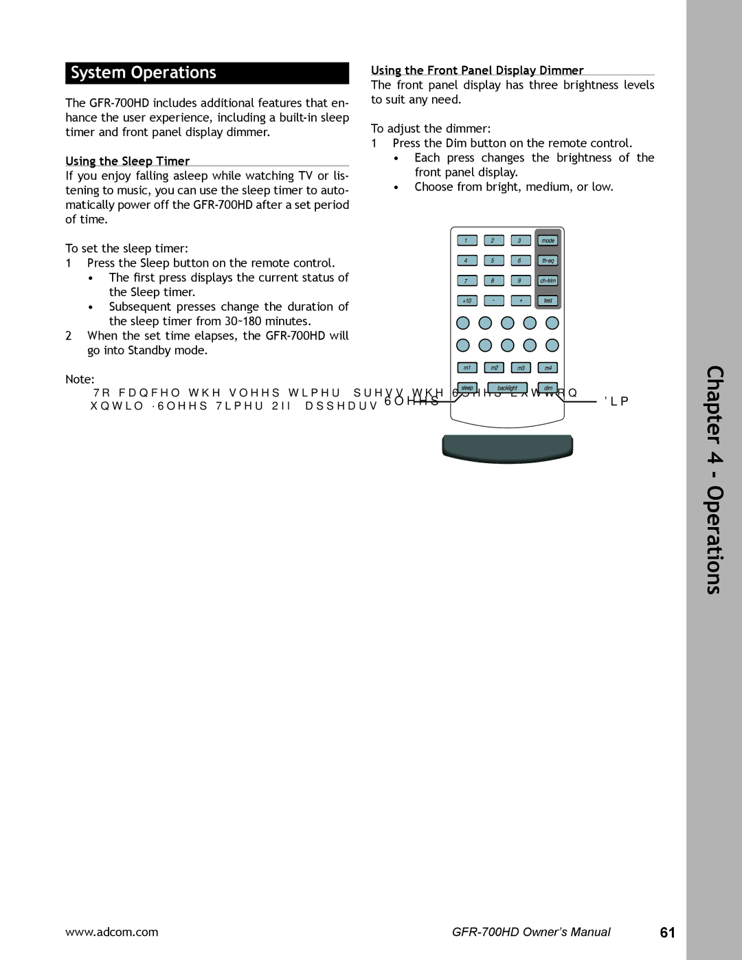 Adcom GFR-700HD user manual System Operations, Using the Sleep Timer, Using the Front Panel Display Dimmer 