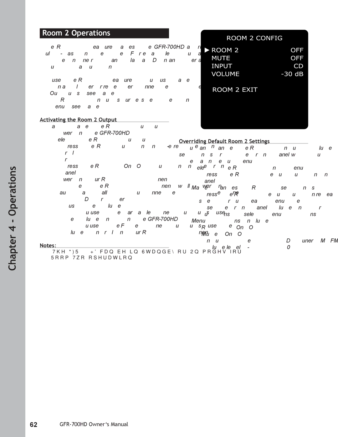 Adcom GFR-700HD user manual Room 2 Operations, Activating the Room 2 Output, Overriding Default Room 2 Settings 