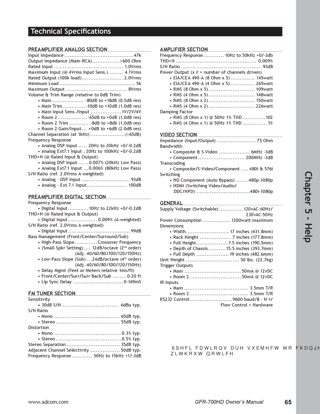 Adcom GFR-700HD user manual Technical Speciﬁcations 