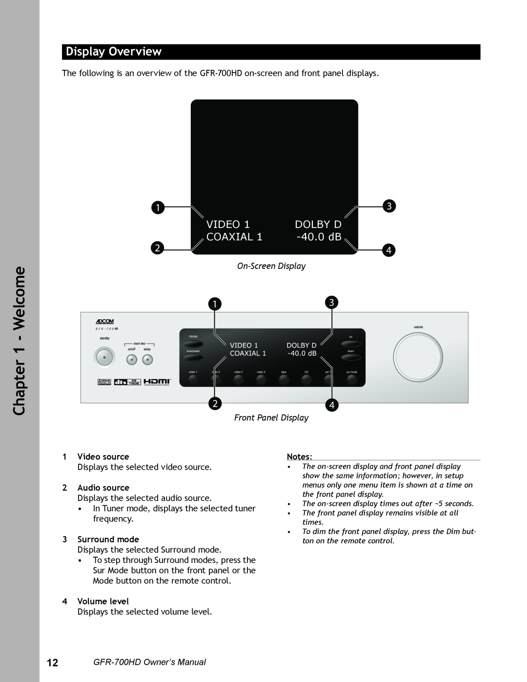 Adcom GFR-700HD Display Overview, On-ScreenDisplay Front Panel Display, 1Video source, 2Audio source, 3Surround mode 
