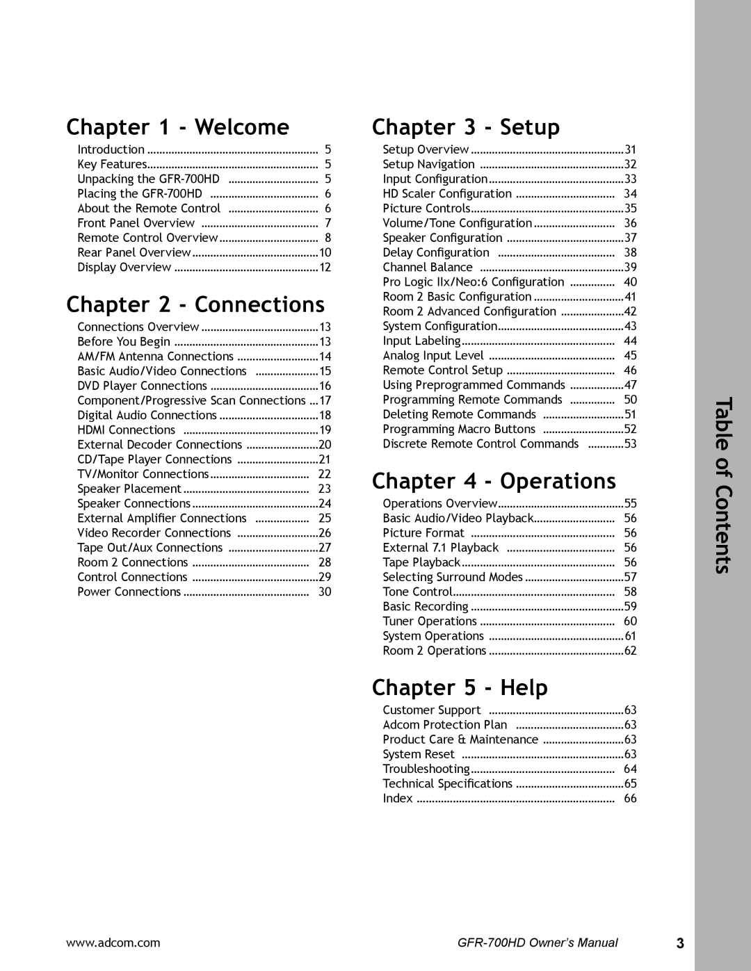 Adcom GFR-700HD user manual Welcome, Connections, Setup, Operations, Help, Table of Contents 