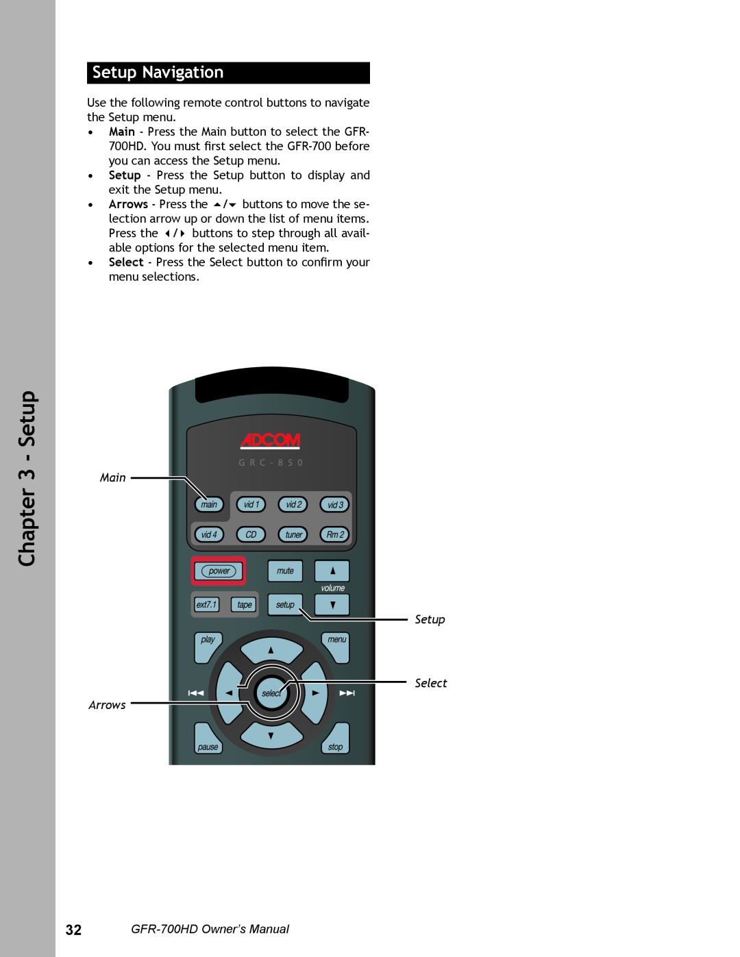 Adcom GFR-700HD user manual Setup Navigation, Main, Arrows, Setup Select 
