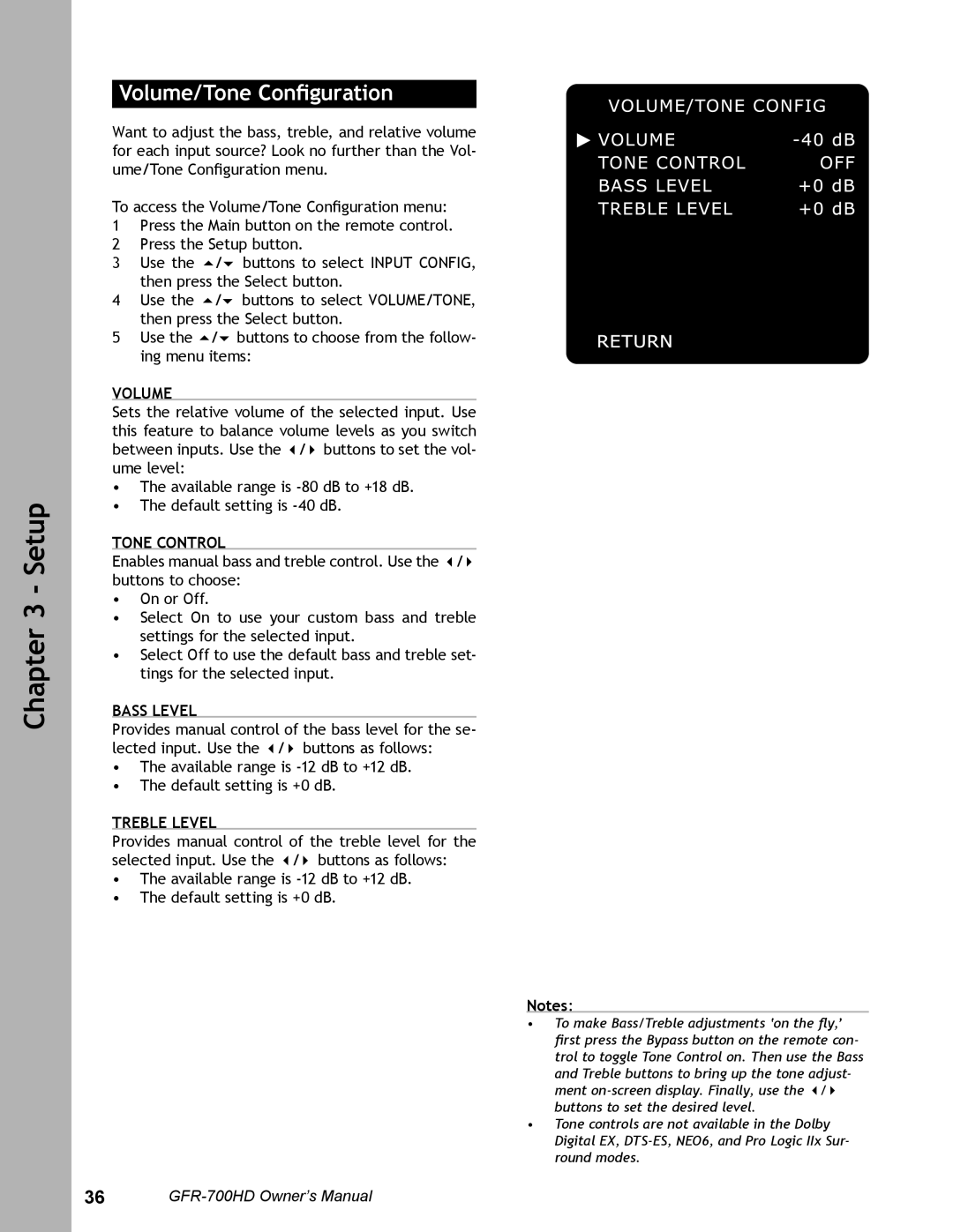 Adcom GFR-700HD user manual Volume/Tone Conﬁguration, Tone Control, Bass Level, Treble Level, Setup 