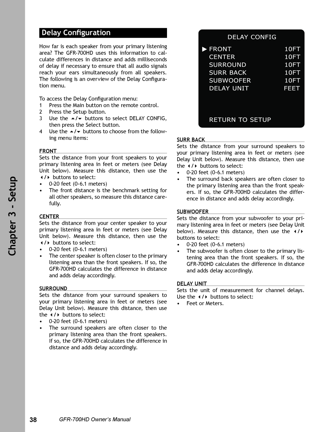 Adcom GFR-700HD user manual Delay Conﬁguration, Delay Unit, Setup, Front, Center, Surround, Surr Back, Subwoofer 