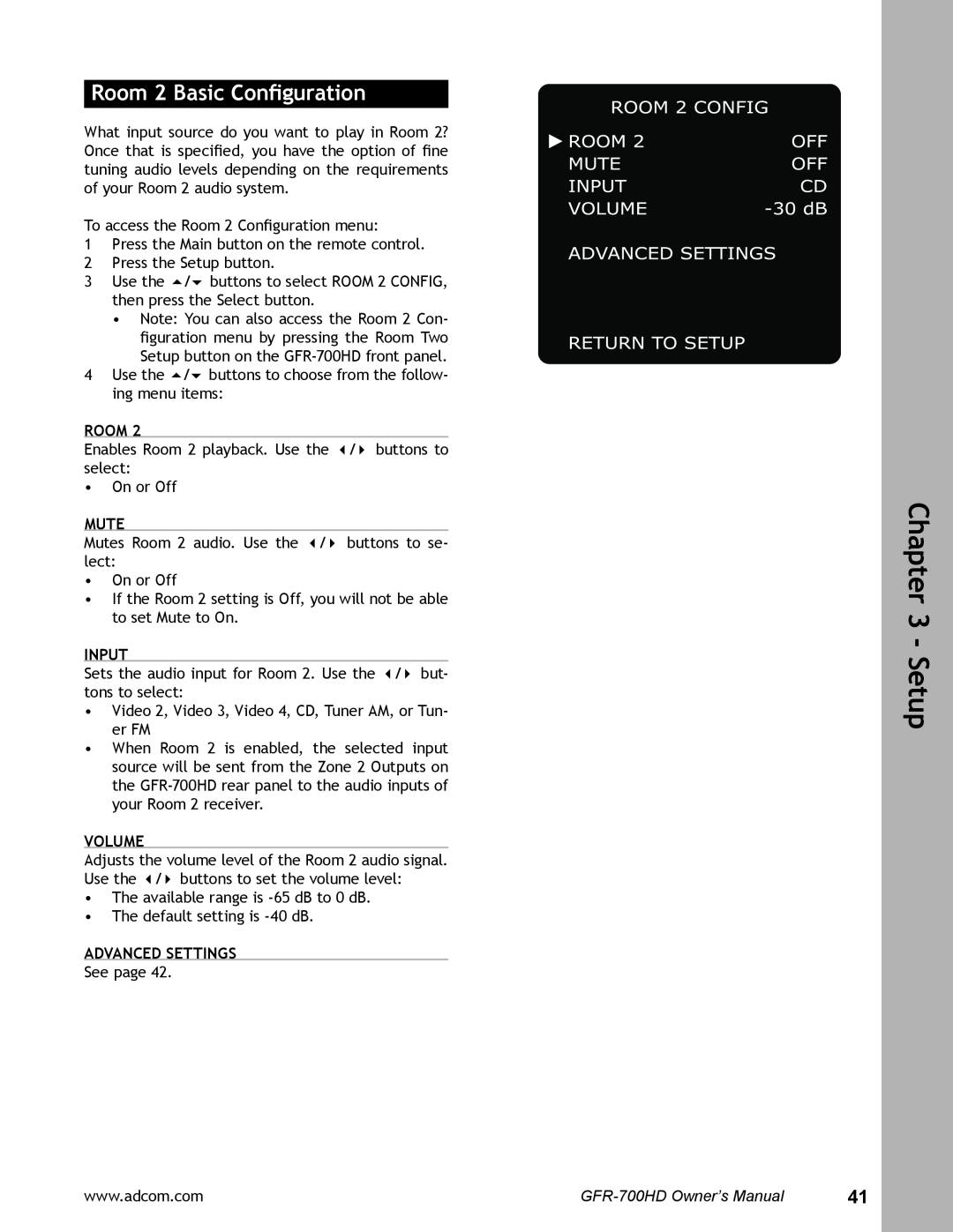 Adcom GFR-700HD user manual Room 2 Basic Conﬁguration, Mute, Advanced Settings, Setup, Input, Volume 