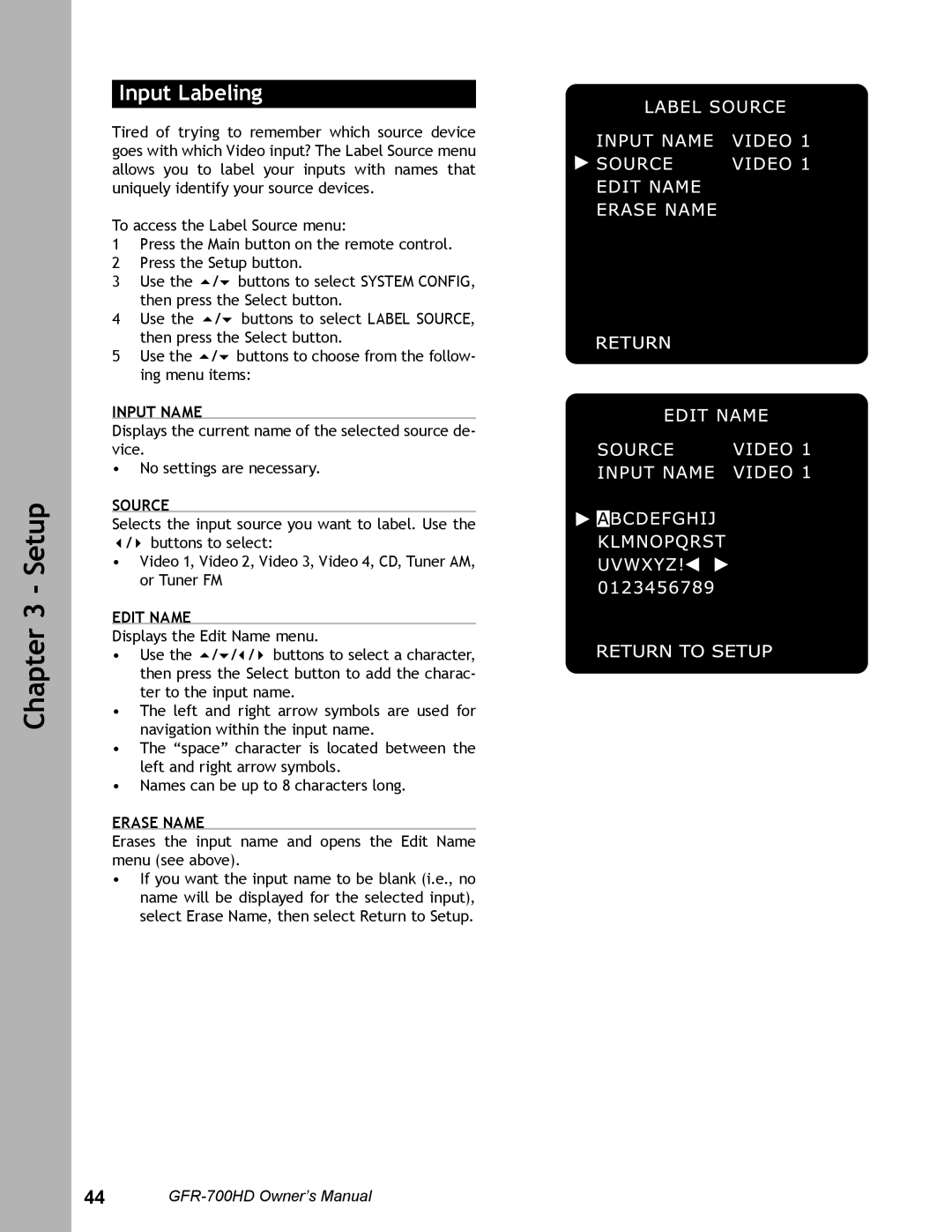 Adcom GFR-700HD user manual Input Labeling, Input Name, Edit Name, Erase Name, Setup, Source 