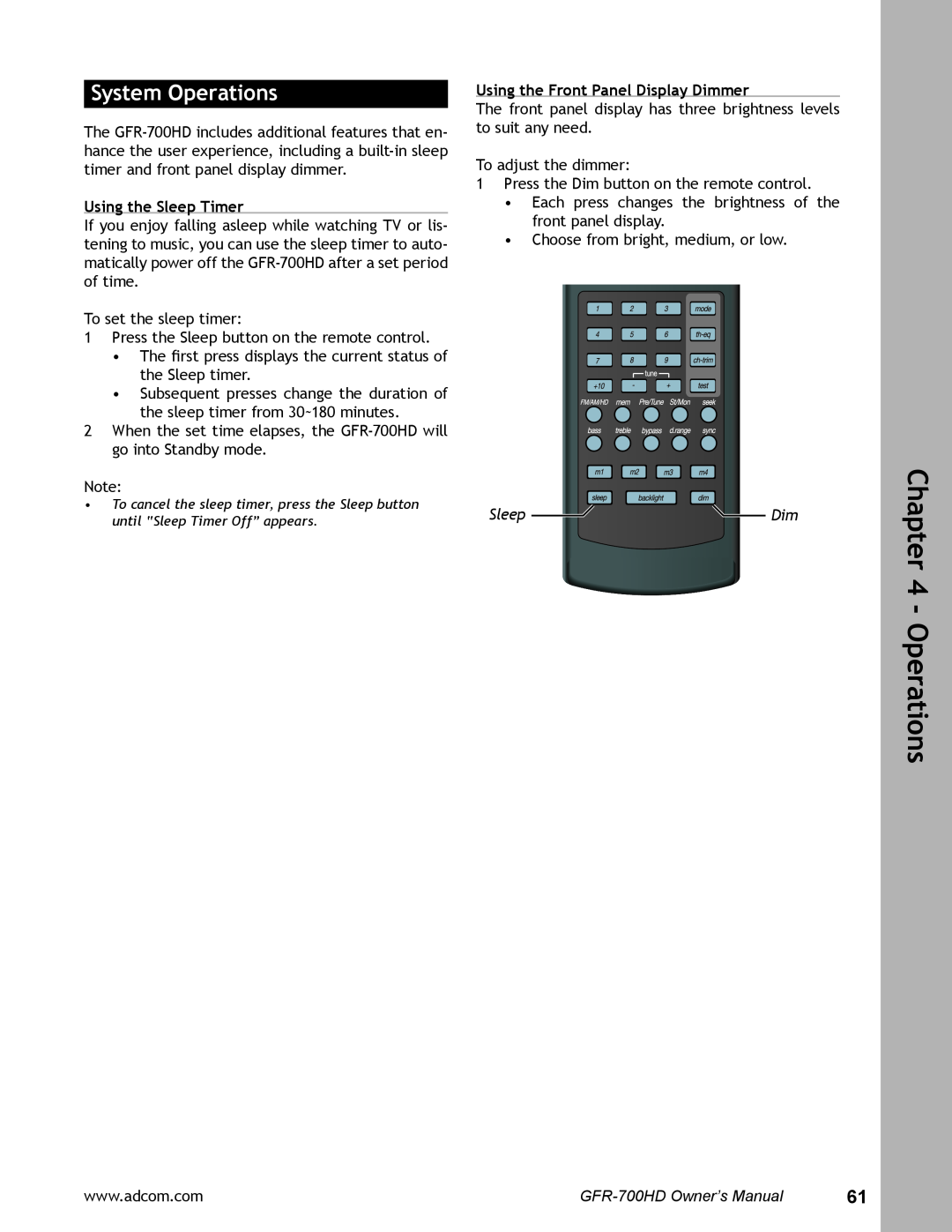 Adcom GFR-700HD user manual System Operations, Using the Sleep Timer, Using the Front Panel Display Dimmer, SleepDim 