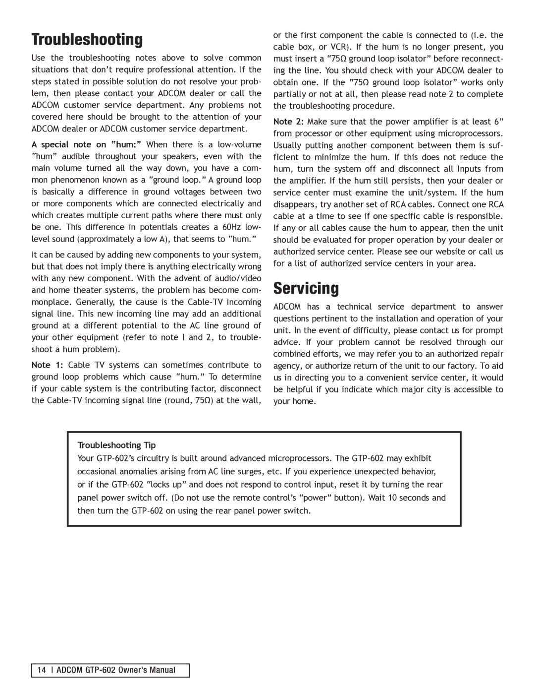 Adcom GTP-602 manual Troubleshooting, Servicing 