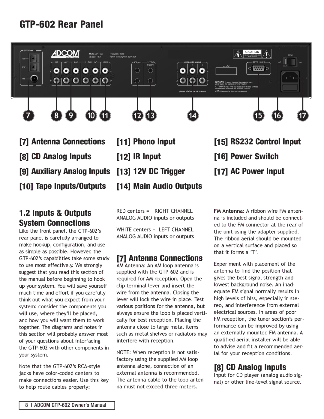 Adcom manual GTP-602 Rear Panel, Phono Input IR Input 13 12V DC Trigger Main Audio Outputs, Antenna Connections 