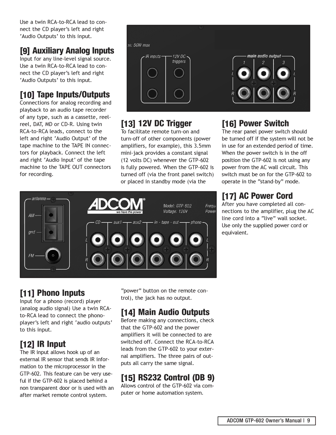 Adcom GTP-602 manual AC Power Cord, Phono Inputs, 15 RS232 Control DB 