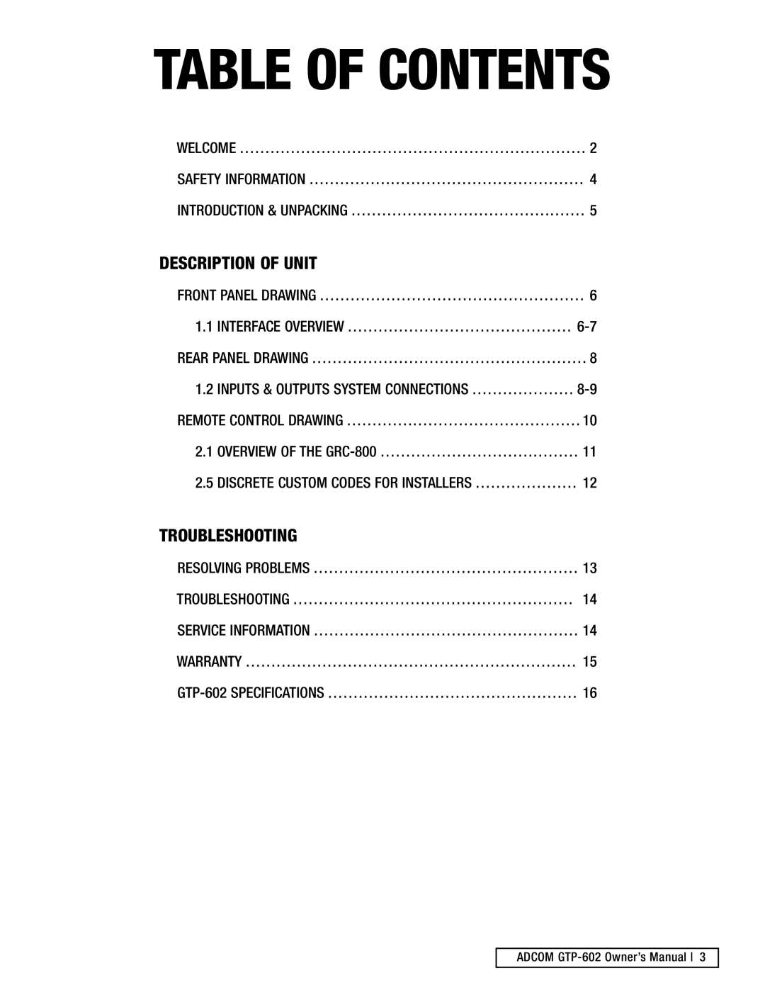 Adcom GTP-602 manual Table Of Contents, Description Of Unit, Troubleshooting 