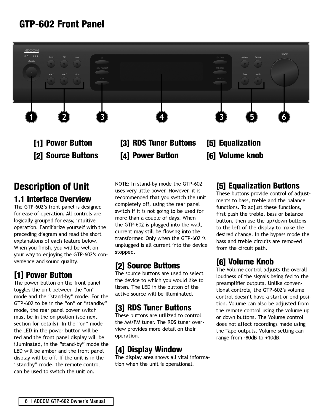 Adcom GTP-602Front Panel, Description of Unit, Interface Overview, Power Button, Source Buttons, RDS Tuner Buttons 