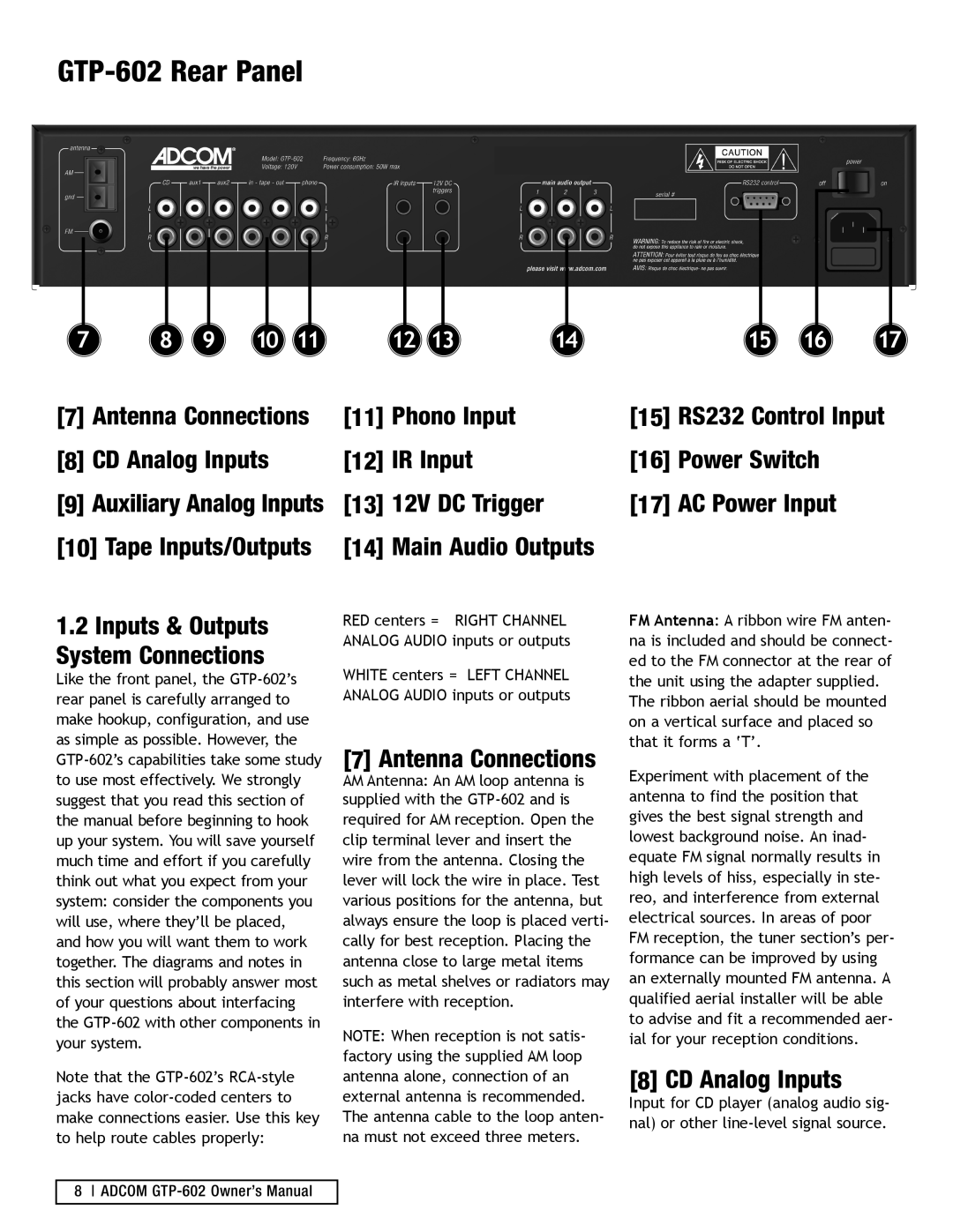 Adcom manual GTP-602Rear Panel, Antenna Connections 8 CD Analog Inputs, Auxiliary Analog Inputs 10 Tape Inputs/Outputs 