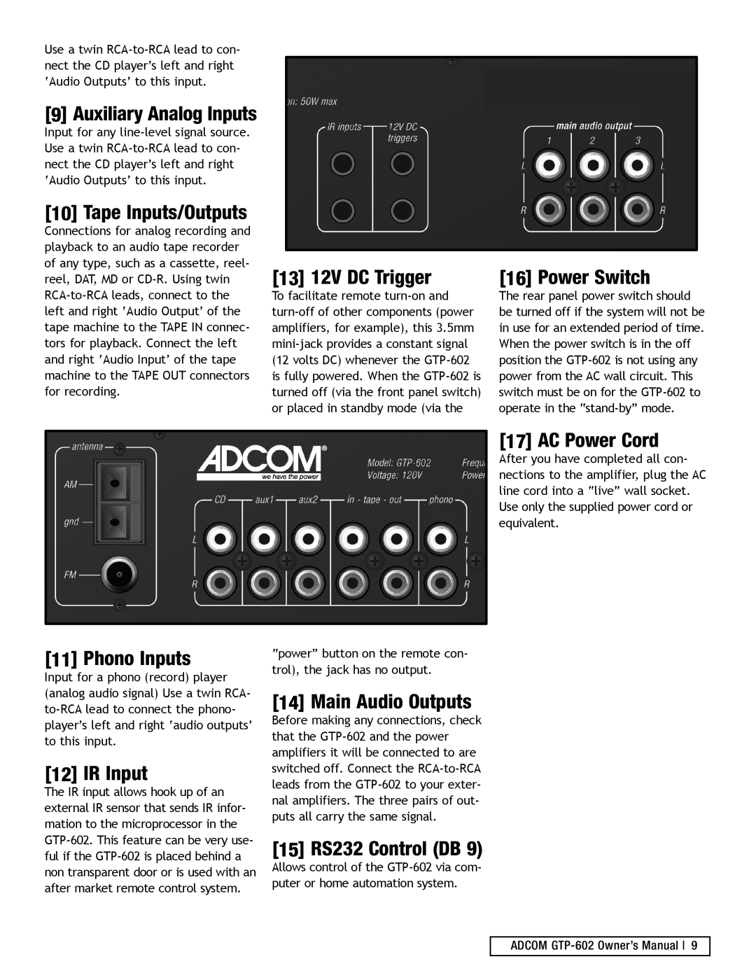 Adcom GTP-602 Auxiliary Analog Inputs, Tape Inputs/Outputs, 13 12V DC Trigger, Power Switch, AC Power Cord, Phono Inputs 