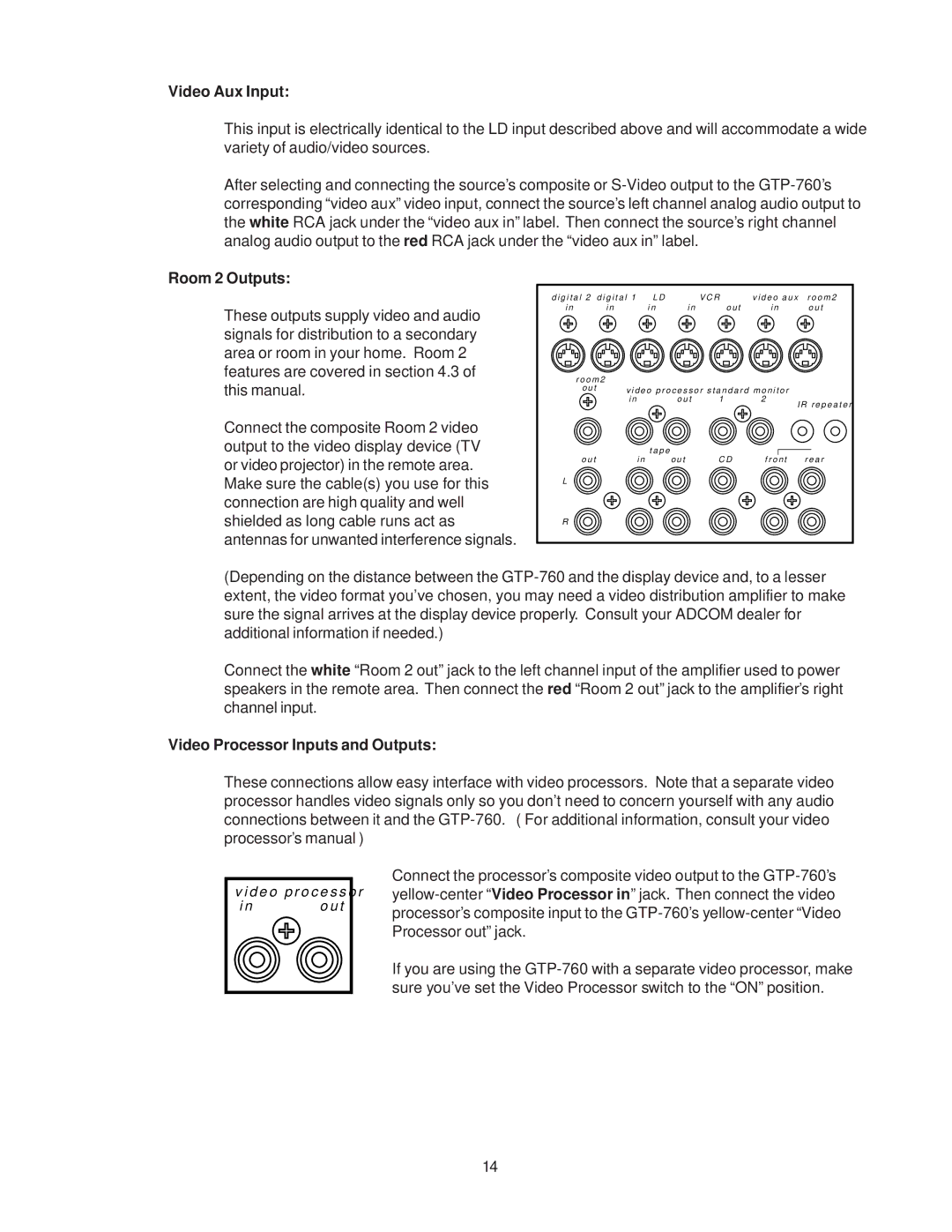 Adcom GTP-760 owner manual Video Aux Input, Room 2 Outputs, Video Processor Inputs and Outputs 
