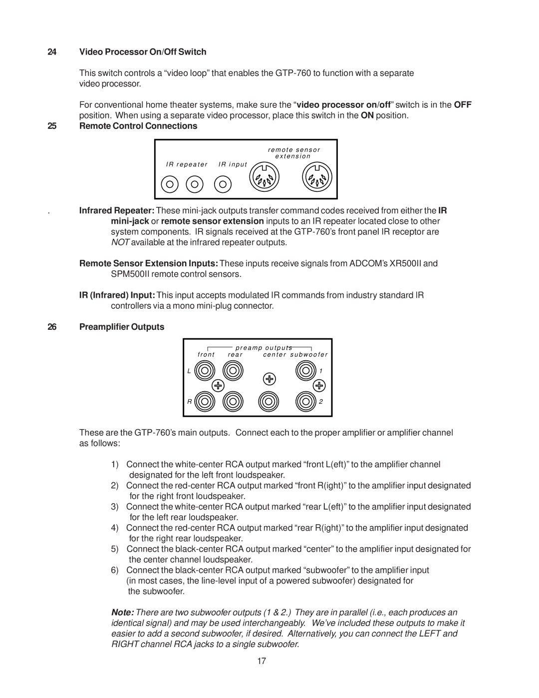 Adcom GTP-760 owner manual Video Processor On/Off Switch, Remote Control Connections, Preamplifier Outputs 