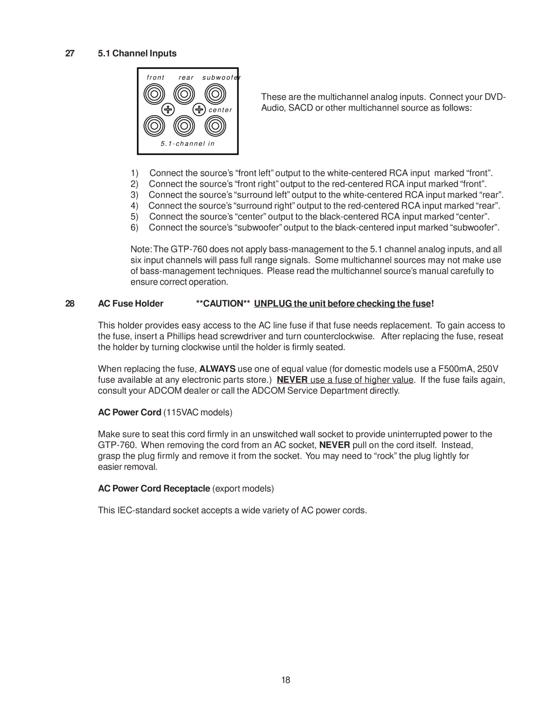 Adcom GTP-760 owner manual 27 5.1 Channel Inputs, AC Power Cord Receptacle export models 