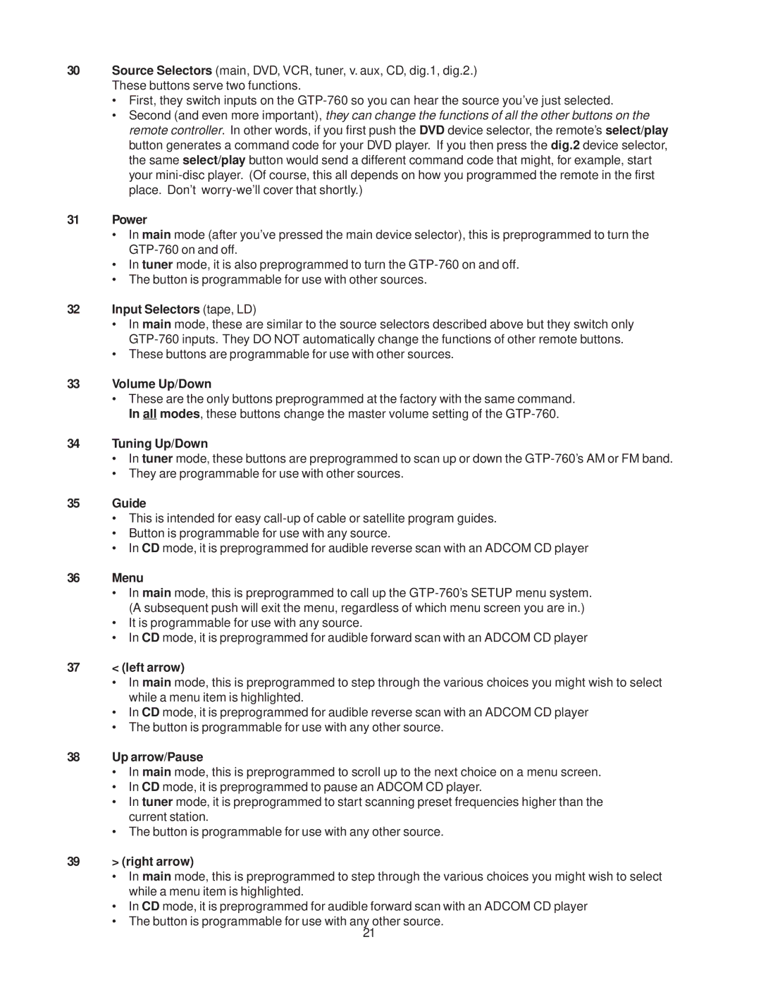 Adcom GTP-760 Power, Input Selectors tape, LD, Volume Up/Down, Tuning Up/Down, Guide, Menu, Left arrow, Up arrow/Pause 