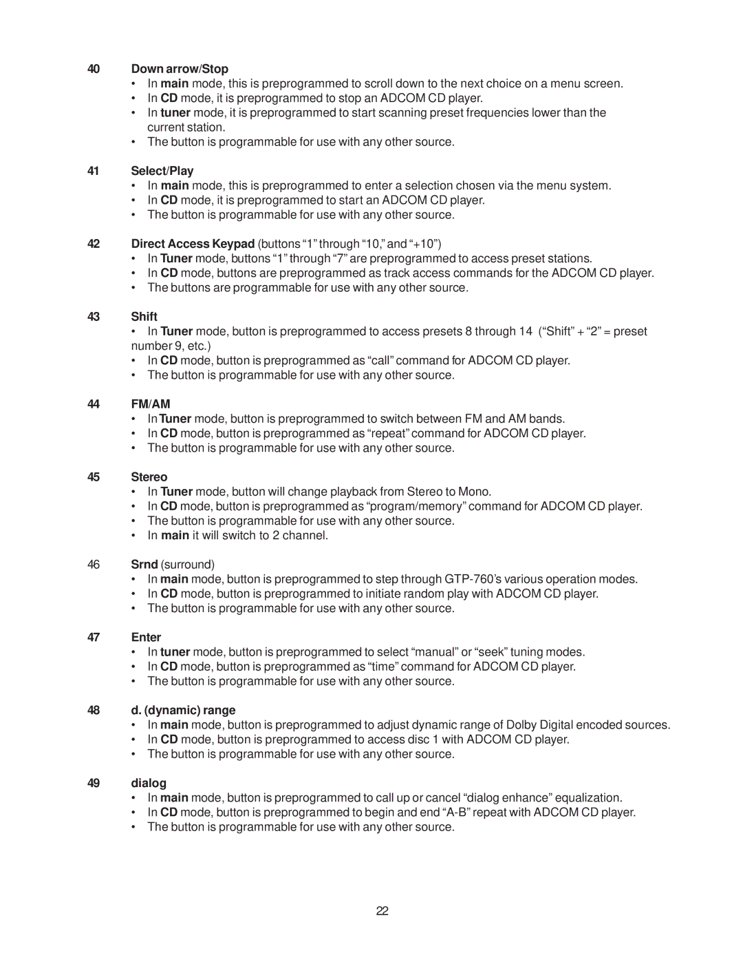 Adcom GTP-760 owner manual Down arrow/Stop, Select/Play, Shift, 44 FM/AM, Stereo, Enter, 48 d. dynamic range, Dialog 