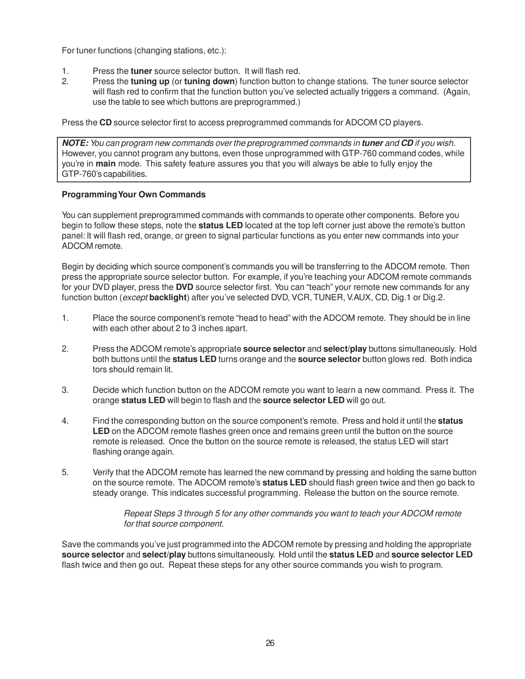 Adcom GTP-760 owner manual Programming Your Own Commands 