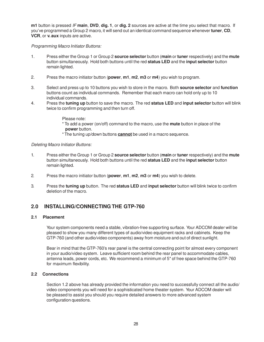 Adcom owner manual INSTALLING/CONNECTING the GTP-760, Placement, Connections 