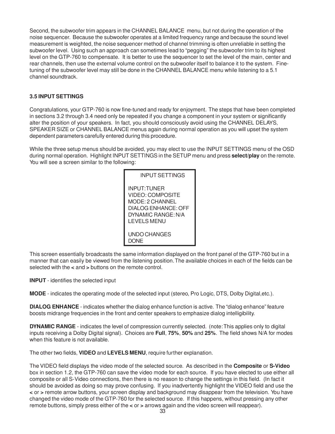 Adcom GTP-760 owner manual Input Settings 