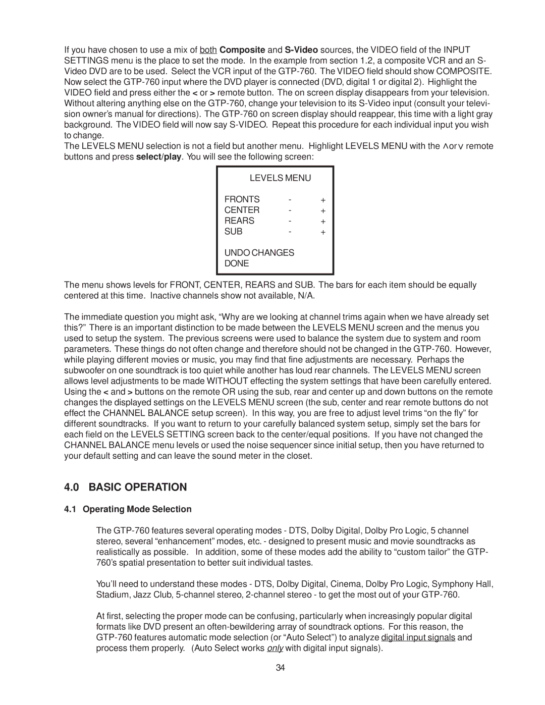 Adcom GTP-760 owner manual Basic Operation, Operating Mode Selection 