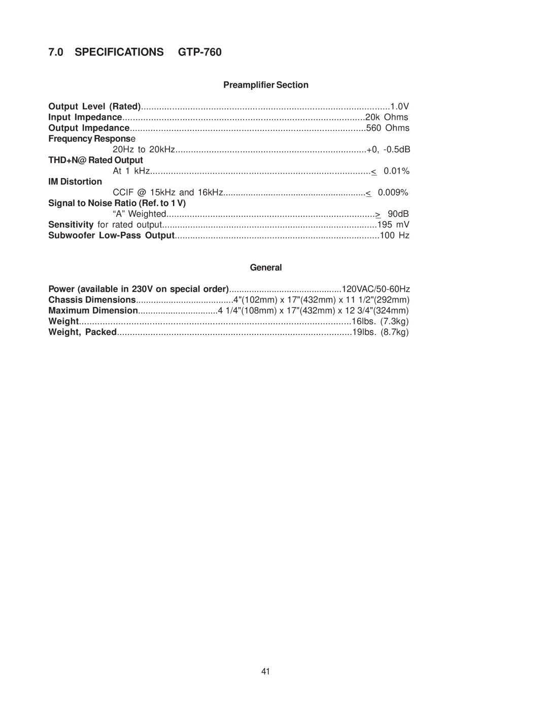 Adcom owner manual Specifications GTP-760 