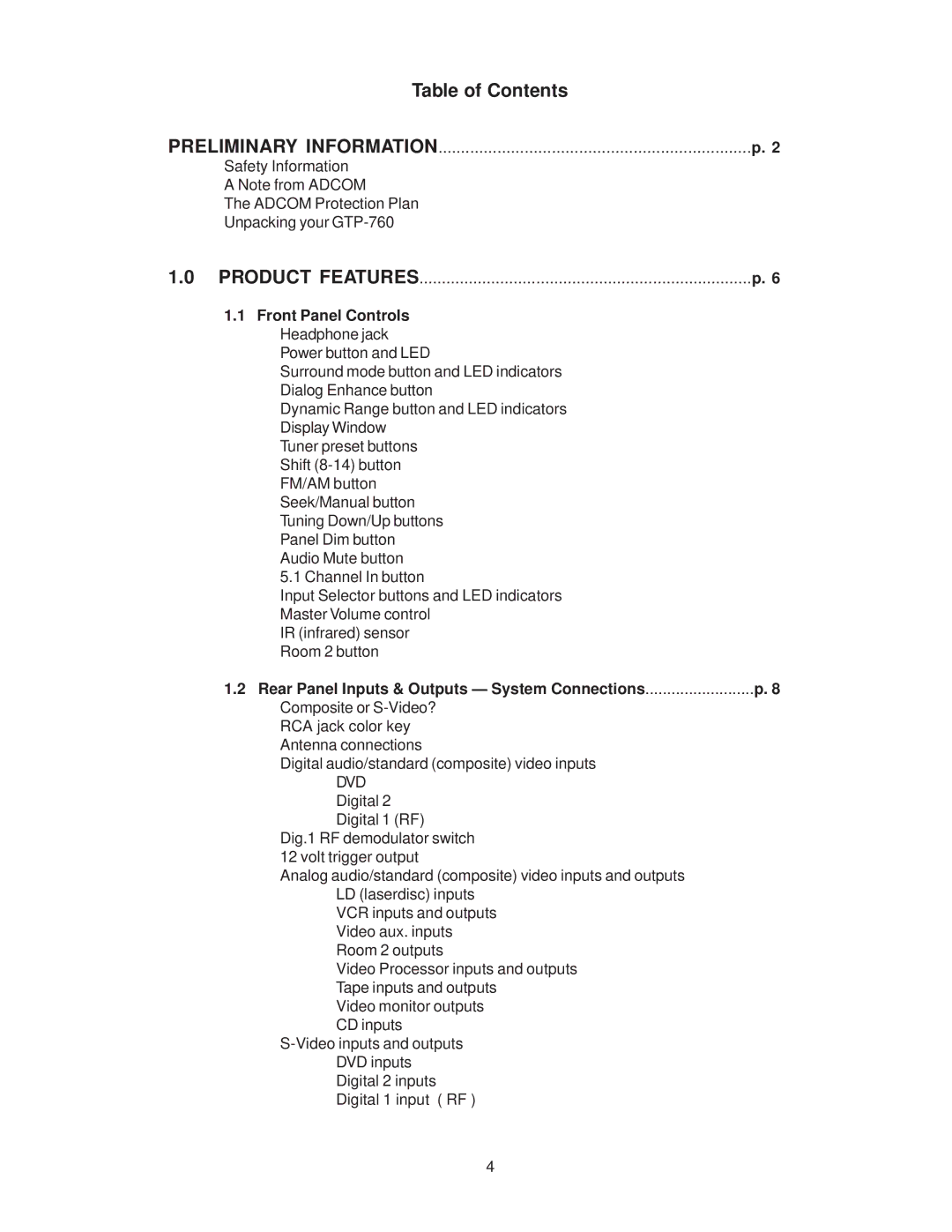 Adcom GTP-760 owner manual Table of Contents 