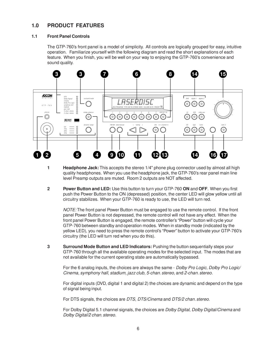 Adcom GTP-760 owner manual Product Features, Front Panel Controls 