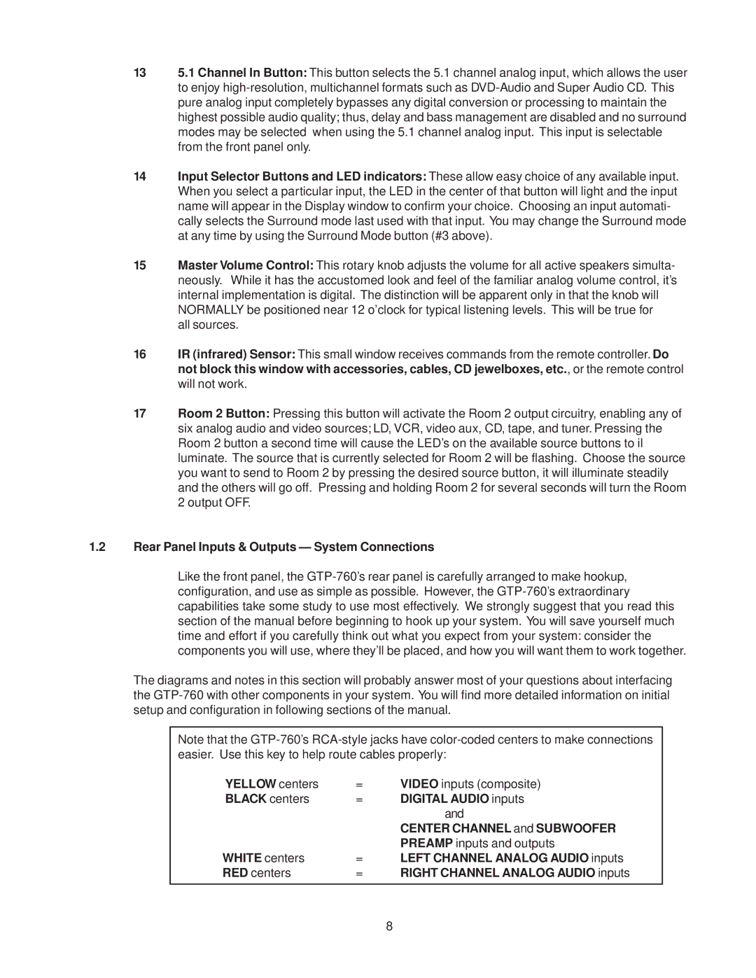 Adcom GTP-760 owner manual Rear Panel Inputs & Outputs System Connections, Yellow centers, Digital Audio inputs 