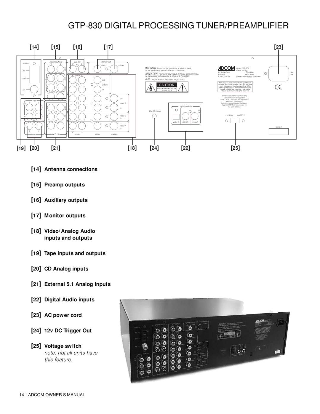 Adcom GTP-830 owner manual Antenna Gnd Tape Out Preamp outputs 