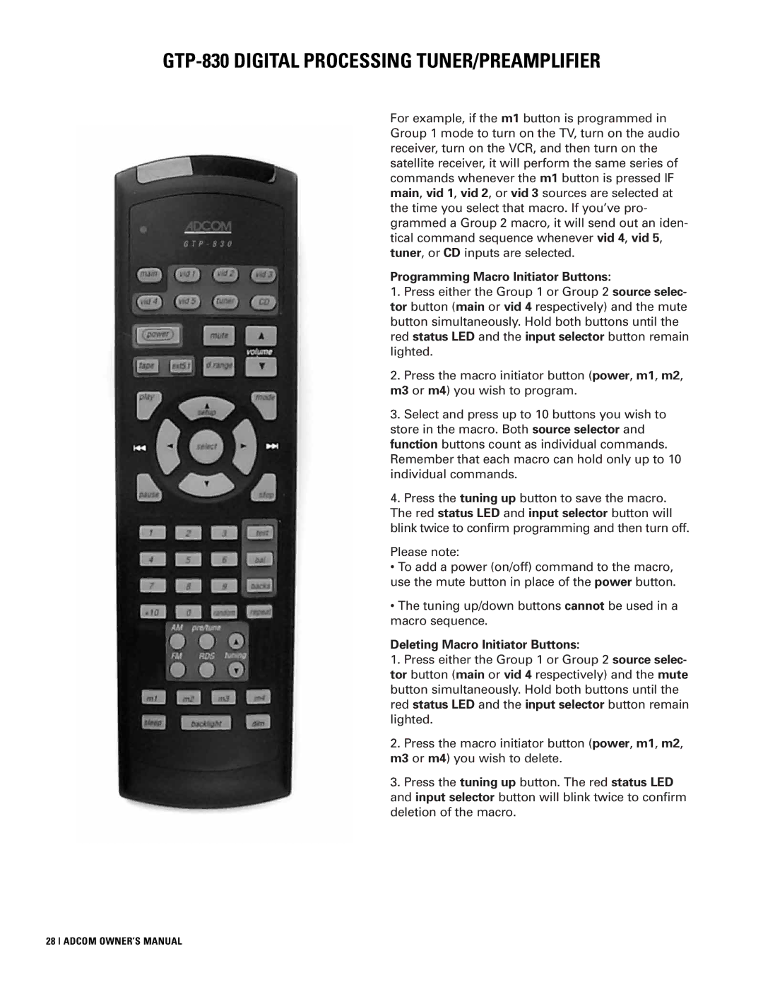 Adcom GTP-830 owner manual Programming Macro Initiator Buttons, Deleting Macro Initiator Buttons 