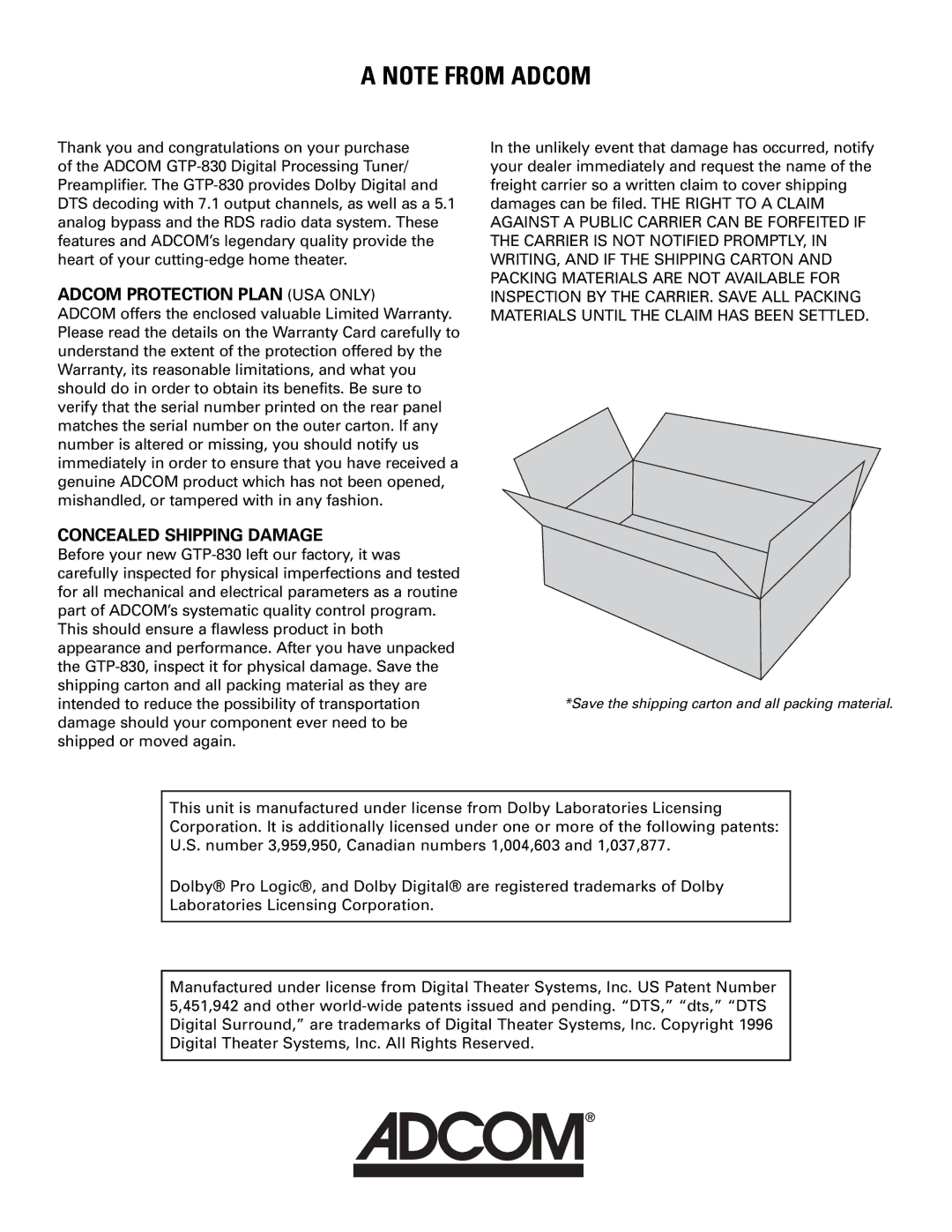 Adcom GTP-830 owner manual Adcom Protection Plan USA only 