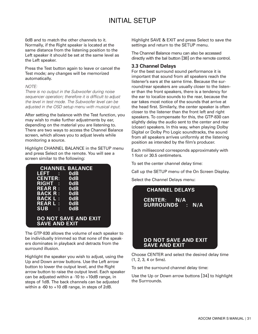 Adcom GTP-830 owner manual Initial Setup, Channel Delays 