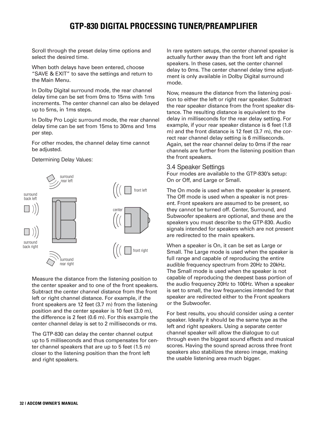 Adcom GTP-830 owner manual Speaker Settings, Determining Delay Values 