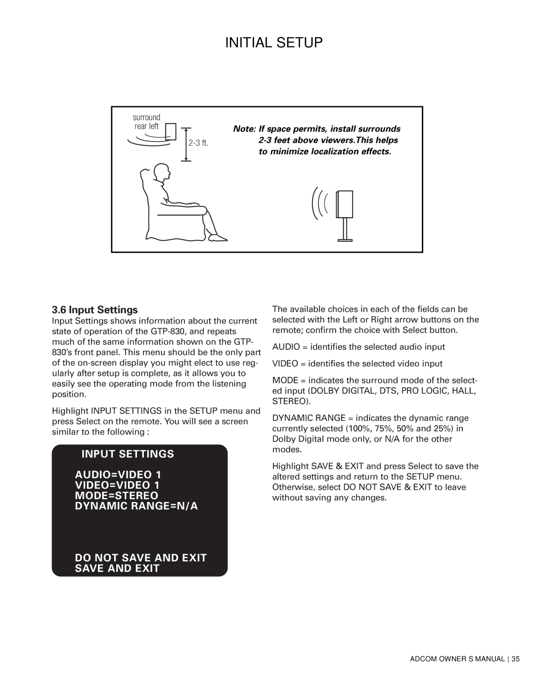 Adcom GTP-830 owner manual Input Settings 