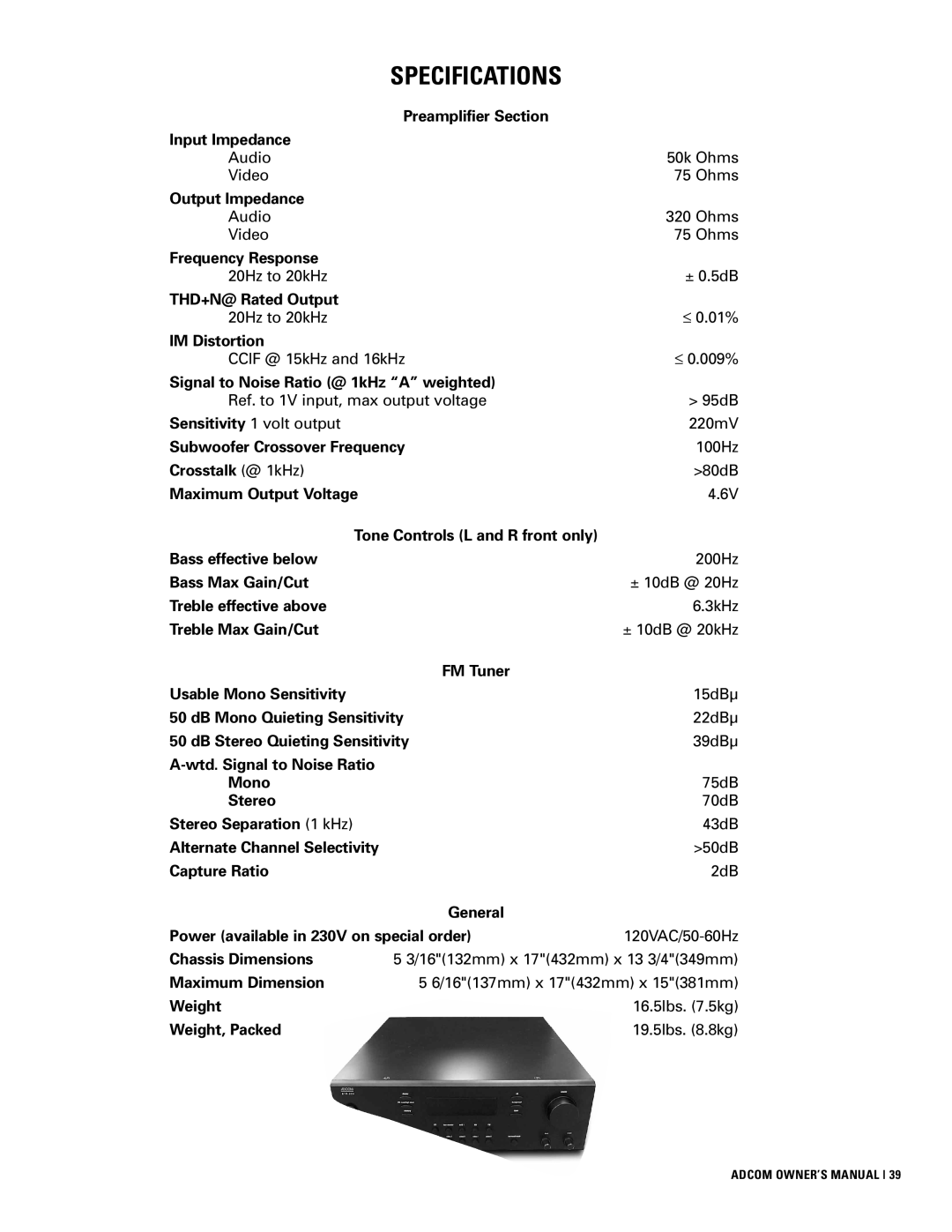 Adcom GTP-830 owner manual Specifications 