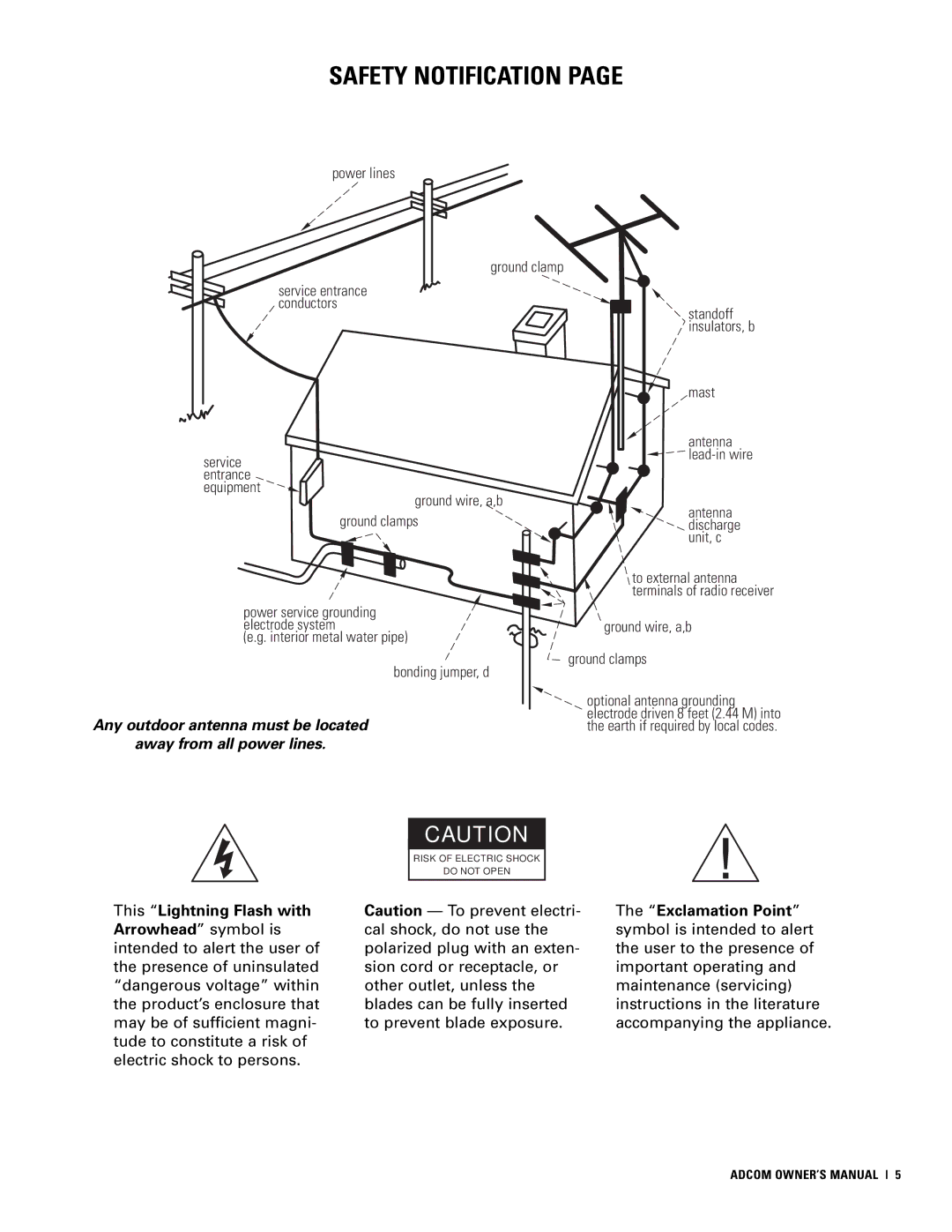 Adcom GTP-830 owner manual Safety Notification, Mast 