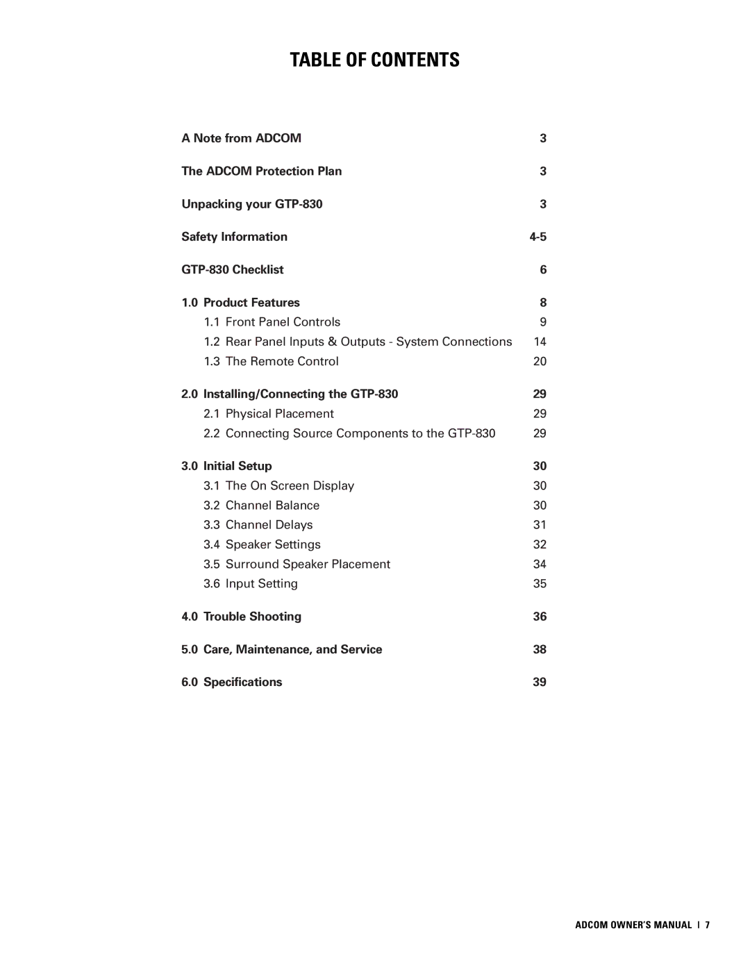 Adcom GTP-830 owner manual Table of Contents 